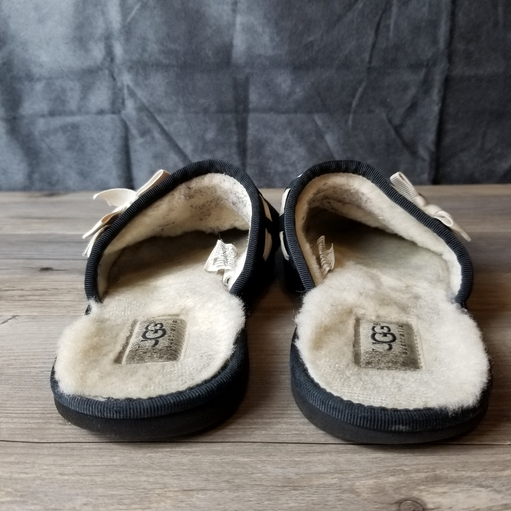 Ugg Suede Ribbon Bow Faux Fur Lined Slip On Scuff Slippers - Picture 6 of 10